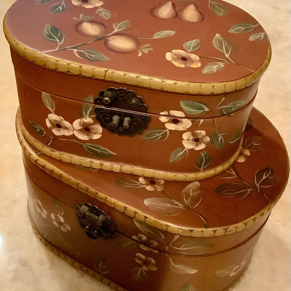 2 Vintage Hand Painted, wood, metal hinges, velvet lined, nestling boxes, flower